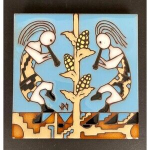 Earthtones Kokopelli Native American Southwest Terracotta Tile Trivet 6x6 Signed